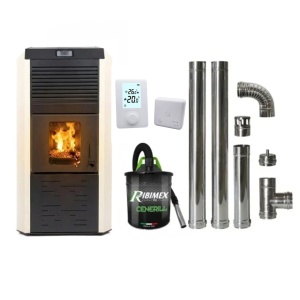 Pachet economic - Termosemineu cu peleti Termax Kamin ECO, 30 kW, 220 mp, buncar peleti 55 kg, diametru cos fum ⌀80 mm, vas expansiune si pompa recirculare incluse, Crem + Termostat inteligent + Aspirator cenusa 1000W + Cos fum inox de interior ⌀80 mm