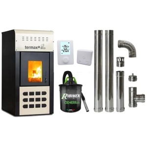 Pachet economic - Termosemineu pe peleti Termax Kamin ECO, 25 kW, 160 mp, buncar peleti 45 kg, diametru cos fum ⌀80 mm, vas expansiune si pompa recirculare incluse, Crem + Termostat inteligent + Aspirator cenusa 1000W + Cos fum inox de interior ⌀80 mm