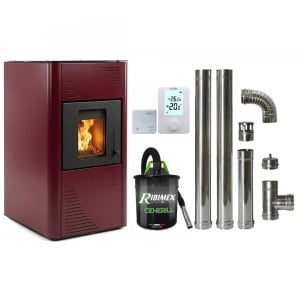 Pachet economic - Termosemineu pe peleti Termax Kamin PM 15 kW, 120 mp, buncar peleti 30 kg, diametru cos fum ⌀80 mm, vas expansiune si pompa recirculare incluse, Bordo + Termostat KOPH 303RF + Aspirator cenusa 1000W + Cos fum inox de interior ⌀80 mm