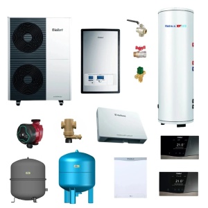 Pachet pompa de caldura aer-apa Vaillant split 12 kW + Boiler stativ 250 litri cu o serpentina + Pompe recirculare KOPH + Vas expansiune 35 litri + Vas expansiune sanitar 33 litri + Automatizari