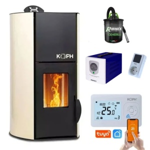 Pachet Smart Control - Termosemineu cu peleti KOPH PM 25 kW Fiama, 160 mp, diametru cos fum ⌀80 mm, pompa recirculare si vas expansiune incorporate, Crem + Termostat inteligent KOPH I302 WiFi + Aspirator cenusa 1000W + Sursa KOPH 500 W + Stecher