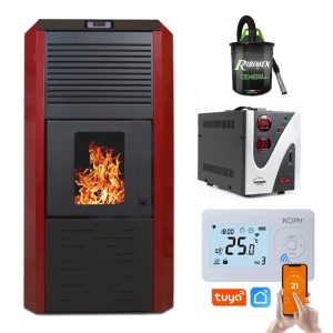 Pachet Smart Control - Termosemineu cu peleti Termax Kamin ECO, 30 kW, 220 mp, volum apa 49 litri, diametru cos fum ⌀80 mm, vas expansiune si pompa recirculare incluse + Termostat inteligent KOPH I302 WiFi + Aspirator cenusa 1000W + Stabilizator tensiune