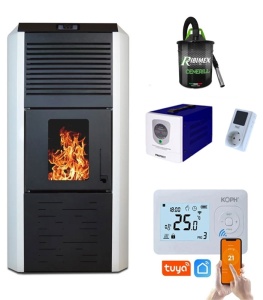 Pachet Smart Control - Termosemineu cu peleti Termax Kamin ECO, 30 kW, 220 mp, volum apa 49 litri, vas expansiune si pompa recirculare incluse + Termostat inteligent KOPH I302 WiFi + Aspirator cenusa 1000W + Sursa KOPH 500 W + Stecher