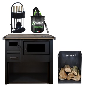 Pachet soba pe lemn Termax Popular, 7.12 kW, evacuare pe dreapta, cuptor integrat, randament 81.27%, 47 m², Negru, set accesorii, aspirator cenusa si suport lemne foc metalic Termax M