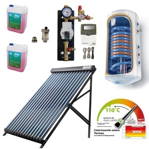 Pachet solar confort Termax 3 persoane T203 - Colector solar cu 20 tuburi vidate echipate cu heat-pipe, control temperatura + Grup pompare si Automatizare + Antigel + Boiler termoelectric 150 litri cu 2 serpentine Tesy