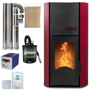 Pachet termosemineu cu peleti KOPH PM 30 kW, 200 mp, buncar peleti 30 kg, diametru cos fum ⌀80 mm, pompa recirculare si vas expansiune incorporate, Bordo