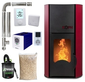 Pachet termosemineu cu peleti KOPH PM 30 kW, 200 mp, buncar peleti 30 kg, diametru cos fum ⌀80 mm, pompa recirculare si vas expansiune incorporate, Sursa KOPH 700 W + Stecher Schuko cu protectie la joasa si inalta tensiune, Bordo