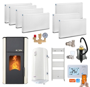 Pachet termosemineu cu peleti KOPH PM 30 kW, 200 mp, buncar peleti 30 kg, diametru cos fum ⌀80 mm, pompa recirculare si vas expansiune incorporate, Calorifere, Boiler Termoelectric Tesy 100 litri, Termostat inteligent Wi-Fi KOPH