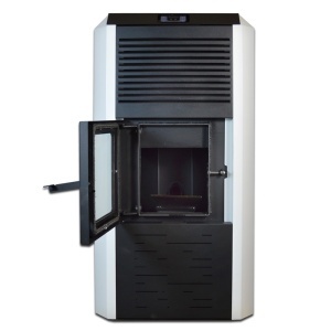 Pachet termosemineu cu peleti Termax Kamin ECO, 30 kW, 220 mp, buncar peleti 55 kg, volum apa 49 litri, diametru cos fum ⌀80 mm, vas expansiune si pompa recirculare incluse, Alb, Grup siguranta si Boiler termoelectric Ariston 100 litri - Img 3