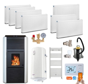 Pachet termosemineu cu peleti Termax Kamin ECO, 30 kW, 220 mp, buncar peleti 55 kg, volum apa 49 litri, diametru cos fum ⌀80 mm, vas expansiune si pompa recirculare incluse, Calorifere, Boiler Termoelectric Tesy 100 litri, Termostat inteligent KOPH