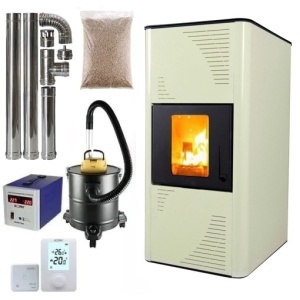 Pachet termosemineu cu peleti Termax Kamin PM 15 kW, 120 mp, buncar peleti 30 kg, volum apa 30 litri, diametru cos fum ⌀80 mm, vas expansiune si pompa recirculare incluse, Bej