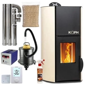 Pachet termosemineu pe peleti KOPH PM 12 kW, 80 mp, buncar peleti 12 kg, diametru cos fum ⌀80 mm, pompa recirculare si vas expansiune incorporate, Crem