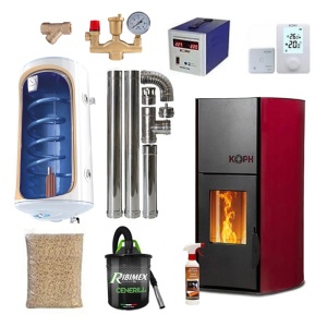 Pachet termosemineu pe peleti KOPH PM 12 kW, 80 mp, buncar peleti 12 kg, diametru cos fum ⌀80 mm, pompa recirculare si vas expansiune incorporate, Bordo, Grup siguranta, Filtru Y si Boiler termoelectric Tesy 80 litri