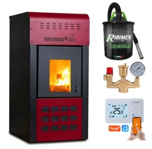 Pachet Termosemineu pe peleti Termax Kamin ECO, 25 kW, 160 mp, buncar peleti 45 kg, volum apa 42 litri, diametru cos fum ⌀80 mm, vas expansiune si pompa recirculare incluse, Termostat inteligent WIFI KOPH, Grup de siguranta, Aspirator cenusa
