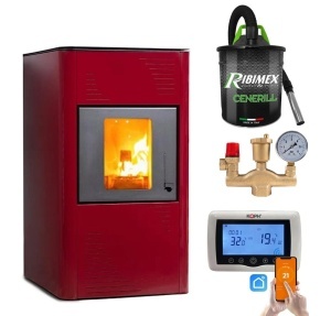 Pachet Termosemineu pe peleti Termax Kamin PM 15 kW, 120 mp, buncar peleti 30 kg, volum apa 30 litri, diametru cos fum ⌀80 mm, vas expansiune si pompa recirculare incluse, Termostat inteligent KOPH CT99, Grup de siguranta, Aspirator cenusa - Img 1