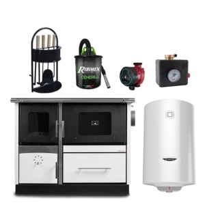Pachet termosoba pe lemn Termax Maria 25 kW din otel, evacuare pe stanga, cuptor, 150 mp, Alb, pompa recirculare, grup siguranta, set accesorii, aspirator cenusa si boiler termoelectric 100 litri