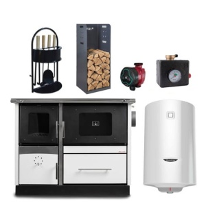 Pachet termosoba pe lemn Termax Maria 25 kW din otel, evacuare pe stanga, cuptor, 150 mp, Alb, pompa recirculare, grup siguranta, set accesorii si boiler termoelectric 100 litri