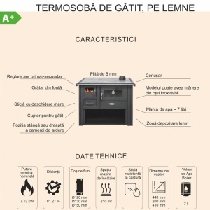 Pachet Termosoba pe lemn Termax Voinic, 12.05 kW, evacuare pe dreapta, cuptor integrat, randament 85.29%, 80 m², Antracit, Grup siguranta, Pompa recirculare si Boiler termoelectric Tesy 80 litri - Img 8