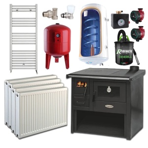 Pachet termosoba pe lemn Termax Voinic, 12.05 kW, evacuare pe dreapta, cuptor integrat, randament 85.29%, 80 m², Antraci, Calorifere, Pompe Recirculare, Grup siguranta, Vas expansiune, Robineti tur/retur, Aspirator cenusa si Boiler termoelectric Tesy 80 L