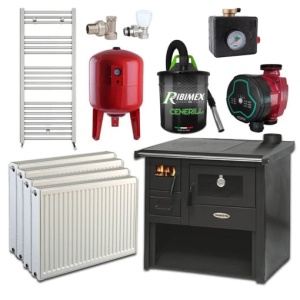 Pachet Termosoba pe lemn Termax Voinic, 12.05 kW, evacuare pe dreapta, cuptor integrat, randament 85.29%, 80 m², Calorifere, Pompa Recirculare, Grup siguranta, Vas expansiune, Robineti tur/retur, Aspirator cenusa