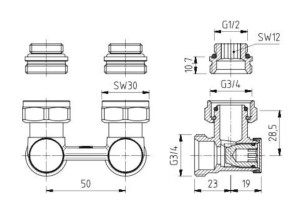 Robineti bitubular racordare inferioara HERZ, drept, 3000 Project, Rp 1/2 - Img 2