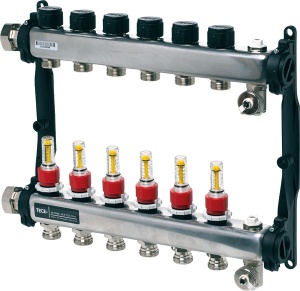 Distribuitor pentru incalzire pardoseala,TECEfloor SLQ RECTANGULAR otel inoxidabil, cu debitmetre, complet echipat 7 cai x 3/4" x 1"