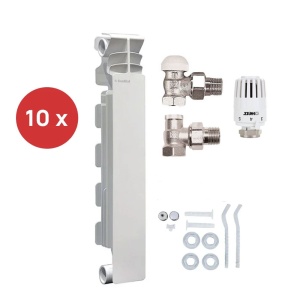 Pachet 10 elementi FONDITAL Exclusivo din aluminiu, D3 600, Set accesorii montaj 11 piese si Robinet + cap termostatic + retur 1/2"