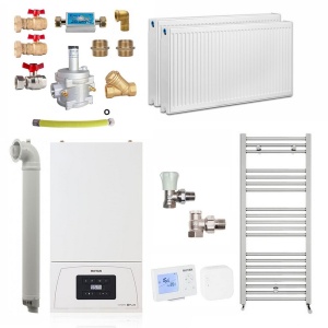 Pachet apartament cu 1 camera, centrala termica pe gaz in condensare Motan Condens KPlus C38GC20V1, 20 kW, Calorifere, Termostat Wireless, Set robineti tur/retur, Kit evacuare inclus si Kit complet armaturi montaj