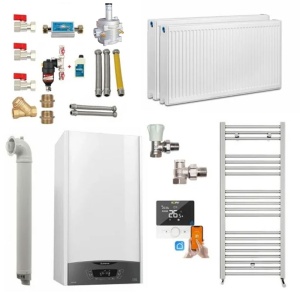 Pachet apartament cu 1 camera, centrala termica pe gaz in condensare Ariston Clas One WIFI 24 kW, Calorifere, Termostat Inteligent, Set robineti calorifere, Kit evacuare inclus si Kit complet armaturi montaj