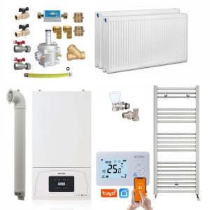 Pachet apartament cu 1 camera, centrala termica pe gaz in condensare Motan Condens KPlus C38GC20V1, 20 kW, Calorifere, Termostat Wireless, Set robineti tur/retur, Kit evacuare inclus si Kit complet armaturi montaj