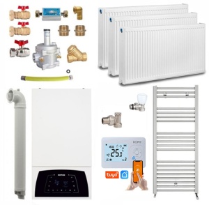 Pachet apartament cu 2 camere, centrala termica pe gaz in condensare 25 kW, Motan Condens Plus 100 25 C38GC25V1XP4, +2 ani Extra Garantie, Calorifere, Termostat inteligent WIFI KOPH, Set robineti tur/retur, Kit evacuare inclus si Kit armaturi montaj