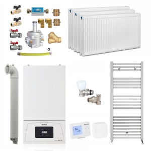 Pachet apartament cu 2 camere, centrala termica pe gaz in condensare Motan Condens KPlus C38GC20V1, 20 kW, Calorifere, Termostat Wireless, Set robineti tur/retur, Kit evacuare inclus si Kit complet armaturi montaj