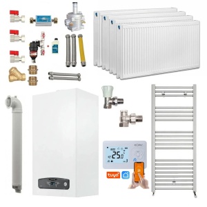 Pachet apartament cu 3 camere, centrala termica in condensare Ariston Cares S 24 kW, Calorifere, Termostat Inteligent, Set robineti tur/retur, Kit evacuare inclus si Kit complet armaturi montaj