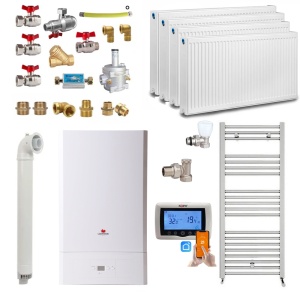 Pachet apartament cu 3 camere, Centrala termica pe gaz in condensare Saunier Duval Semiatek Condens 22.4 kW, Calorifere, Termostat inteligent, Set robineti tur/retur, Kit evacuare inclus si Kit complet armaturi montaj