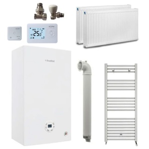 Pachet apartament cu o camera, centrala termica pe gaz in condensare Fondital Tenerife KC 24 kW, Calorifere, Termostat Inteligent, Set robineti calorifere, Kit evacuare inclus