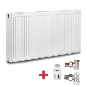 Pachet calorifer (radiator) din otel KOPH, tip 22, 300/1200 mm, 1181 W + Cap termostatic si 2 robineti tur-retur Herz
