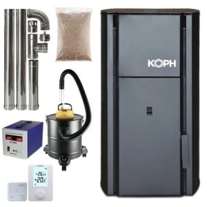 Pachet centrala cu peleti KOPH PM 30 kW, 200 mp, buncar peleti 30 kg, diametru cos fum ⌀80 mm, manta apa 30 litri, pompa recirculare si vas expansiune incorporate, Negru
