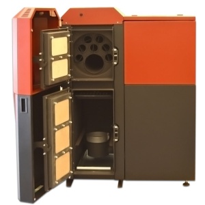 Pachet centrala mixta lemn/pelet Termax Tera 28 kW, 185 mp, buncar peleti 95 kg, volum manta apa 75 litri, diametru cos Ø120 mm, Termostat inteligent KOPH I302, Pompa recirculare, Boiler termoelectric 100 litri, Grup siguranta, Calorifere si Robineti - Img 2