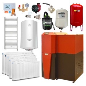 Pachet centrala mixta lemn/pelet Termax Tera 28 kW, 185 mp, buncar peleti 95 kg, volum manta apa 75 litri, diametru cos Ø120 mm, Termostat inteligent KOPH I302, Pompa recirculare, Boiler termoelectric 100 litri, Grup siguranta, Calorifere si Robineti