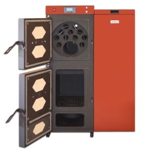 Pachet centrala mixta lemn/pelet Termax Tera 40 kW, 265 mp, buncar peleti 120 kg, volum manta apa 100 litri, diametru cos Ø120 mm, Boiler termoelectric 100 litri, Grup siguranta, Pompa recirculare, Vas expansiune, Termostat inteligent KOPH CT99 - Img 2