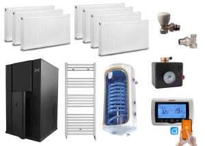 Pachet centrala peleti KOPH PM 35 KW, 230 mp, buncar peleti 80 kg, diametru cos fum ⌀100 mm, pompa recirculare si vas expansiune incorporate, Calorifere, Termostat inteligent KOPH CT99, Robineti Tur/Retur