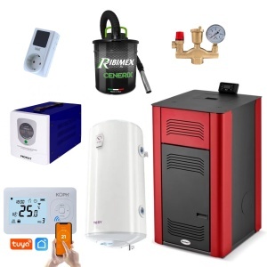 Pachet centrala peleti Termax Tera 18 KW, 120 mp, buncar peleti 30 kg, diametru cos fum ⌀80 mm, pompa recirculare si vas expansiune incorporate, Sursa KOPH + Aspirator cenusa + Termostat inteligent + Grup siguranta