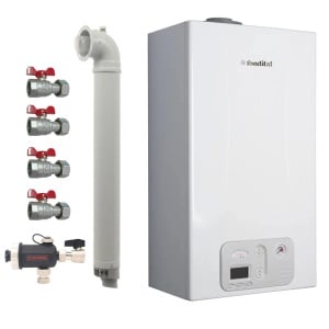Pachet centrala termica pe gaz/GPL in condensare Fondital Antea KC 24 kW, incalzire si ACM, Clasa A, Kit de evacuare inclus, Robineti si Filtru antimagnetita