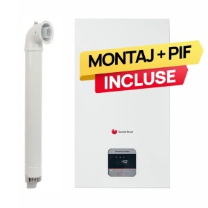 Pachet centrala termica pe gaz/GPL in condensare Saunier Duval ThemaFast Condens 31 kW, debit 14.8 l/min, protectie IPX4D, kit evacuare inclus + Montaj + PIF (valabil pentru NEAMT, IASI si BARLAD)