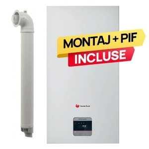 Pachet centrala termica pe gaz/GPL in condensare Saunier Duval ThemaFast Condens 35 kW, debit 16.6 l/min, protectie IPX4D, Kit evacuare inclus + Montaj + PIF (valabil pentru NEAMT, IASI si BARLAD)