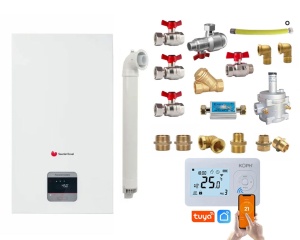Pachet centrala termica pe gaz/GPL in condensare Saunier Duval ThemaFast Condens 31 kW, debit 14.8 l/min, protectie IPX4D, Kit evacuare, Kit armaturi, Termostat inteligent KOPH