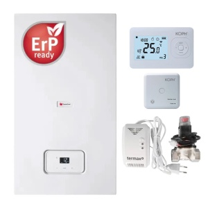 Pachet centrala termica pe gaz in condensare Saunier Duval Semia 25-A, 19.1 kW, Termostat ambiental inteligent KOPH I302, Kit senzor gaz si electrovalva 3/4", Kit evacuare inclus
