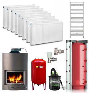 Pachet complet incalzire - Termosemineu pe lemne Magikal OXO29 cu preparare apa calda menajera, putere nominala 34.8 kW, clasa A, cu agent termic, diametru cos fum 250 mm, Calorifere, Vas expansiune, Robineti Tur/Retur