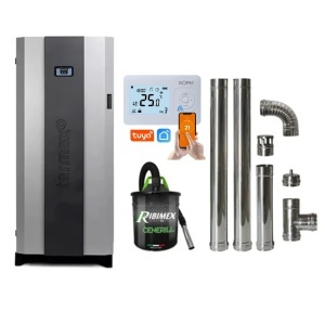 Pachet economic - Centrala cu peleti Termax Compact 30 kW, 200 mp, buncar peleti 90 kg, diametru cos fum ⌀80 mm, vas expansiune si pompa recirculare incluse + Termostat inteligent + Aspirator cenusa 1000W + Cos fum inox de interior ⌀80 mm