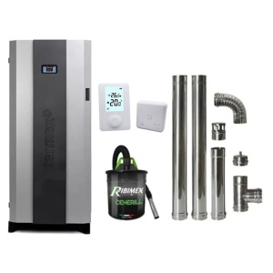 Pachet economic - Centrala cu peleti Termax Compact 30 kW, 200 mp, buncar peleti 90 kg, diametru cos fum ⌀80 mm, vas expansiune si pompa recirculare incluse + Termostat inteligent + Aspirator cenusa 1000W + Cos fum inox de interior ⌀80 mm